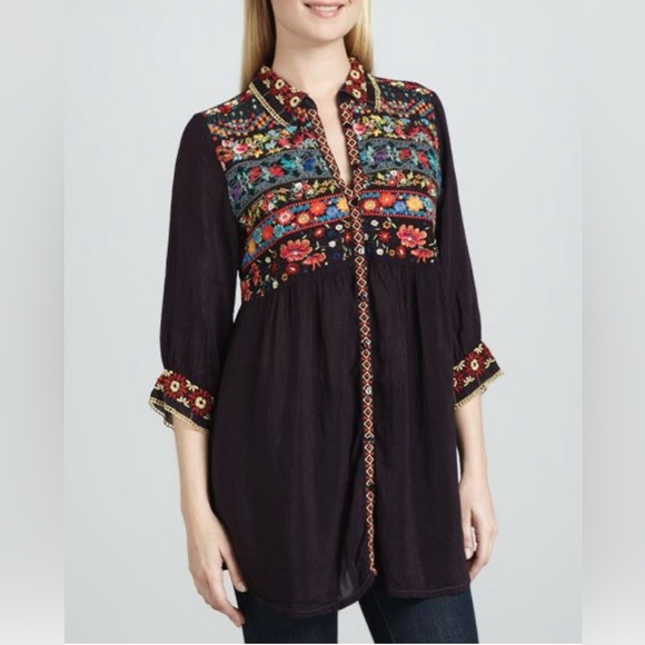 Johnny Was Black Tunic with Colorful Embroidery